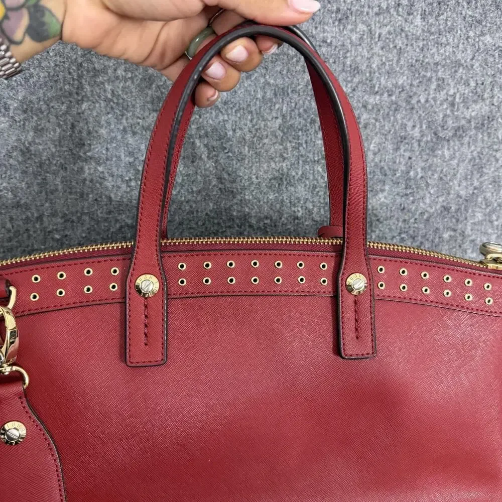 Henri Bendel West 57th Saffiano Leather Crossbody Satchel Bag in Red Studded